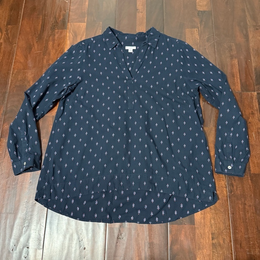 J. Jill V Neck Long Sleeve Blouse Women’s Size Medium Navy Blue 100% Cotton